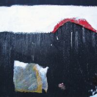 Acrylique et matériaux divers sur sac de toile de jute, 120 x 140, 2007.
Collection privée
