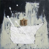 Acrylique et matériaux divers sur sac de toile de jute, 50 x 50, 2011.
Collection privée