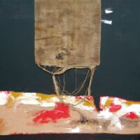 Acrylique et matériaux divers sur sac de toile de jute, 160 x 160, 2007.
Collection privée