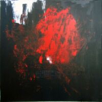 Acrylique et matériaux divers sur sac de toile de jute, 90 x 90, 2012.
Collection privée