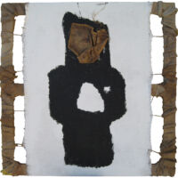 Acrylique et matériaux divers sur sac de toile de jute, 100 x 100, 2006