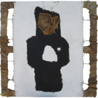 Acrylique et matériaux divers sur sac de toile de jute, 100 x 100, 2006