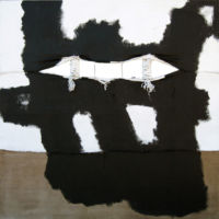 Acrylique et matériaux divers sur sac de toile de jute, 200 x 200, 2007