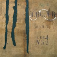 Acrylique et matériaux divers sur sac de toile de jute, 120 x 120, 2008