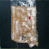 Acrylique et matériaux divers sur sac de toile de jute, 90 x 90, 2011.
Collection privée