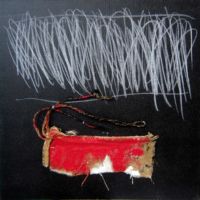 Acrylique et matériaux divers sur sac de toile de jute, 50 x 50, 2011