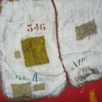 Acrylique et matériaux divers sur sac de toile de jute, 90 x 90, 2011.
Collection privée
