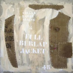 Acrylique et matériaux divers, sac de toile de jute, sur toile, 100 x 100, 2011.
Collection privée