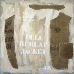 Acrylique et matériaux divers, sac de toile de jute, sur toile, 100 x 100, 2011.
Collection privée